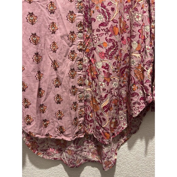 Knox Rose Top Women Large Pink Woodland Florals Button Up Linen Blend Asymmetric - Picture 4 of 7